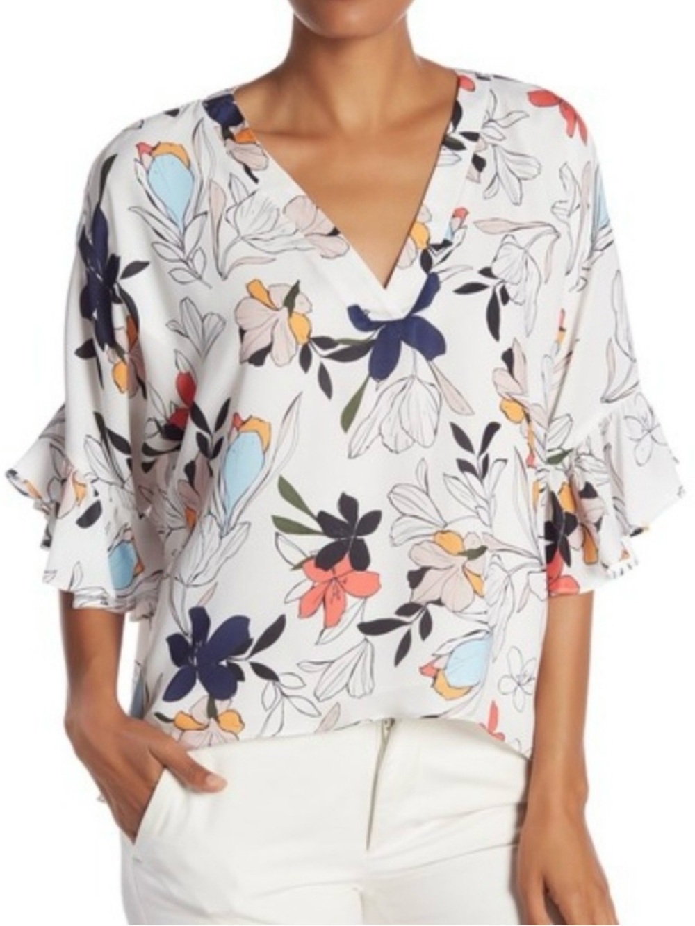 Parker Women’s Bell/Ruffle Sleeve Floral V-Neck Blouse Size Small